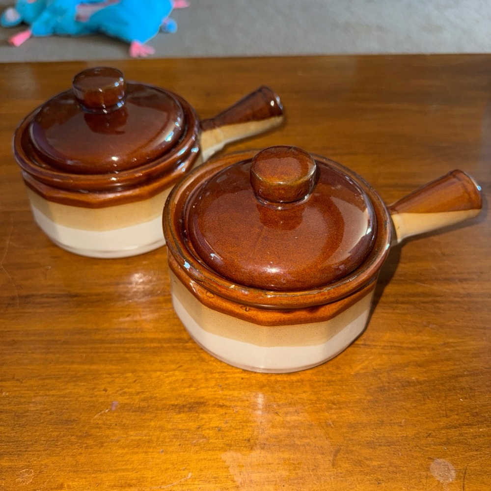 2 Vintage Brown Glazed French Onion Soup Crocks with Lids Handled Ceramic Bowls